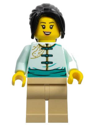 LEGO onderdeel Lunar New Year Parade Participant - Female, Light Aqua Tang Jacket, Tan Legs, Black Hair (hol306)