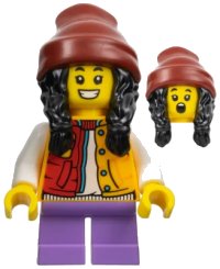 LEGO part Child - Girl, Red and Bright Light Orange Jacket, Medium Lavender Short Legs, Dark Red Beanie with Black Hair hol308