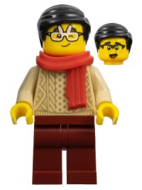 LEGO part Lunar New Year Parade Spectator - Male, Red Scarf, Tan Sweater, Dark Red Legs, Black Hair, Rabbit Glasses hol309