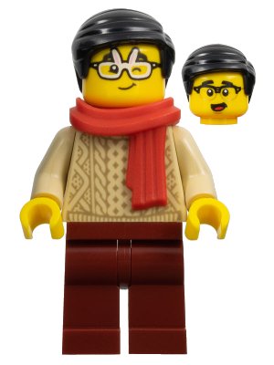 LEGO onderdeel Lunar New Year Parade Spectator - Male, Red Scarf, Tan Sweater, Dark Red Legs, Black Hair, Rabbit Glasses (hol309)