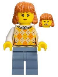 LEGO part Lunar New Year Parade Spectator - Female, Tan Knit Argyle Sweater Vest, Sand Blue Legs, Dark Orange Hair hol311