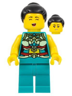 LEGO onderdeel Lunar New Year Parade Participant - Musician, Female, Ornate Dark Turquoise Costume, Black Bun, Singing Face (hol312)