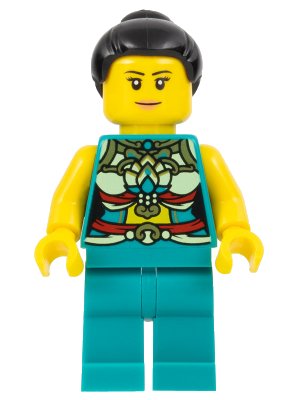 LEGO onderdeel Lunar New Year Parade Participant - Musician, Female, Ornate Dark Turquoise Costume, Black Bun, Slight Smile (hol314)