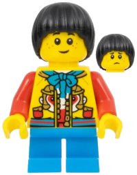 LEGO part Child - Boy, Yellow Monkey King Jacket, Dark Azure Short Legs, Black Mop Top, Freckles hol317