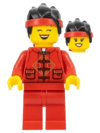 LEGO part Lunar New Year Parade Participant - Female, Red Tang Jacket, Red Legs, Black Hair with Red Headband hol318