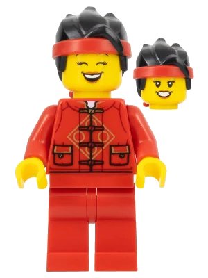 LEGO onderdeel Lunar New Year Parade Participant - Female, Red Tang Jacket, Red Legs, Black Hair with Red Headband (hol318)
