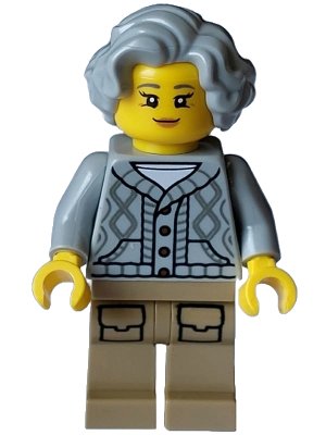 LEGO onderdeel Lodge Owner - Female, Light Bluish Gray Knit Cable Cardigan Sweater, Dark Tan Legs with Pockets, Wavy Hair (hol326)