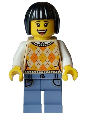 LEGO onderdeel Tourist - Female, Tan Knit Argyle Sweater Vest, Sand Blue Legs with Pockets, Black Bob Cut Hair, Freckles (hol329)