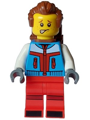 LEGO onderdeel Tourist - Male, Dark Azure Jacket, Red Legs with Dark Red Stripes on Knees, Reddish Brown Swept Back Hair, Freckles, Backpack (hol330)