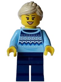 LEGO onderdeel Winter Market Stall Vendor - Female, Bright Light Blue Knit Fair Isle Sweater, Dark Blue Legs, Tan Ponytail hol331