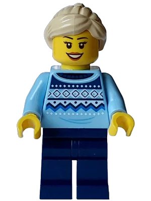 LEGO onderdeel Winter Market Stall Vendor - Female, Bright Light Blue Knit Fair Isle Sweater, Dark Blue Legs, Tan Ponytail (hol331)