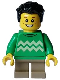 LEGO part Child - Boy, Bright Green Sweater with Bright Light Yellow Zigzag Lines, Dark Tan Short Legs, Black Tousled Hair, Freckles hol332