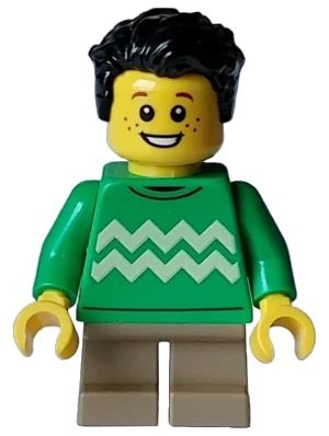 LEGO onderdeel Child - Boy, Bright Green Sweater with Bright Light Yellow Zigzag Lines, Dark Tan Short Legs, Black Tousled Hair, Freckles (hol332)