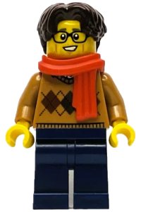 LEGO part Wintertime Carriage Passenger - Male, Medium Nougat Argyle Sweater, Dark Blue Legs, Dark Brown Hair, Glasses, Red Scarf hol334