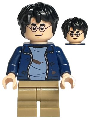 LEGO onderdeel Harry Potter - Dark Blue Open Jacket with Tears and Blood Stains, Plain Arms, Dark Tan Medium Legs, Smile / Angry Mouth (hp326)