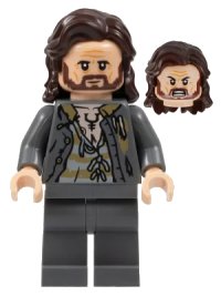 LEGO part Sirius Black - Dark Brown Hair, Dark Bluish Gray Jacket over Tattered Striped Shirt, Plain Legs hp352