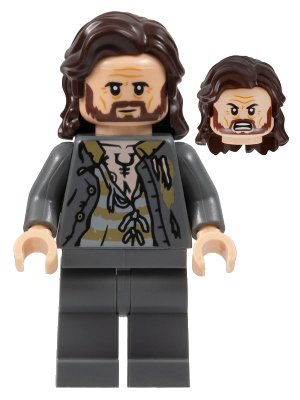 LEGO onderdeel Sirius Black - Dark Brown Hair, Dark Bluish Gray Jacket over Tattered Striped Shirt, Plain Legs (hp352)