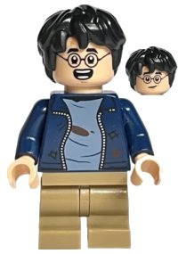 LEGO part Harry Potter - Dark Blue Open Jacket with Tears and Blood Stains, Dark Tan Medium Legs, Smile / Open Mouth with Teeth hp364