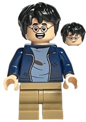 LEGO onderdeel Harry Potter - Dark Blue Open Jacket with Tears and Blood Stains, Dark Tan Medium Legs, Smile / Open Mouth with Teeth (hp364)