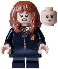 LEGO part Hermione Granger - Gryffindor Robe Clasped, Black Skirt, Black Short Legs with Dark Bluish Gray Stripes, Open Mouth Scared / Closed Mouth Grin hp468