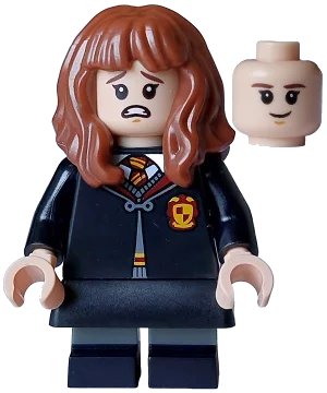 LEGO onderdeel Hermione Granger - Gryffindor Robe Clasped, Black Skirt, Black Short Legs with Dark Bluish Gray Stripes, Open Mouth Scared / Closed Mouth Grin (hp468)