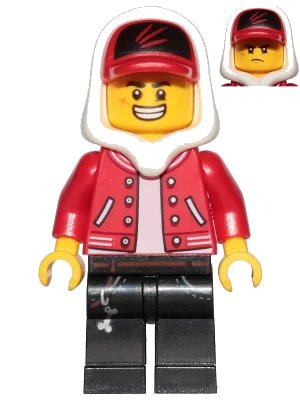 LEGO onderdeel Jack Davids - Red Jacket with Cap and Hood (Large Smile / Grumpy) (hs001)