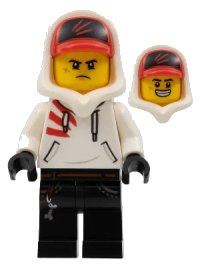 LEGO part Jack Davids - White Hoodie with Cap and Hood (Large Smile / Grumpy) hs004