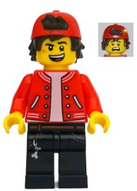 LEGO part Jack Davids - Red Jacket with Backwards Cap (Open Mouth Smile / Scared) hs047