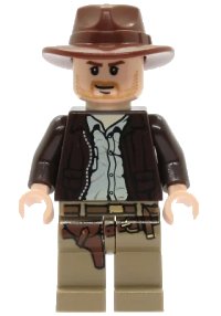 LEGO part Indiana Jones - Dark Brown Jacket, Reddish Brown Fedora, Closed Mouth Lopsided Grin iaj001