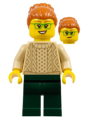 LEGO onderdeel Camper - Female, Dark Orange Hair, Glasses, Tan Sweater, Dark Green Legs (idea148)