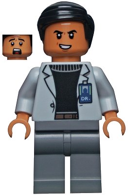 LEGO onderdeel Dr. Henry Wu - Light Bluish Gray Jacket, Evil Smile / Scared (jw068)