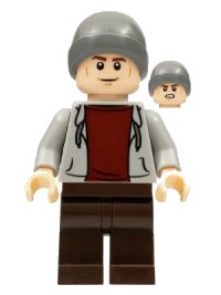 LEGO part Dinosaur Market Stall Owner - Male, Light Bluish Gray Hoodie, Dark Brown Legs, Dark Bluish Gray Beanie jw101