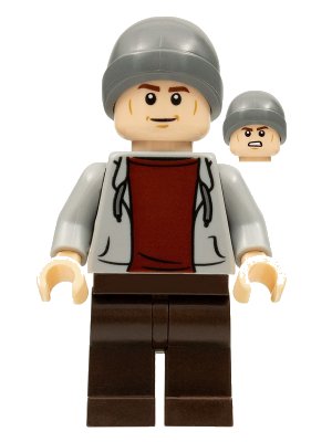 LEGO onderdeel Dinosaur Market Stall Owner - Male, Light Bluish Gray Hoodie, Dark Brown Legs, Dark Bluish Gray Beanie (jw101)