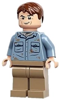LEGO part Dr. Alan Grant - Sand Blue Shirt with Pockets and Dirt Stains, Reddish Brown Hair jw111