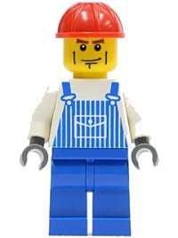 LEGO onderdeel Overalls Striped Blue with Pocket, Blue Legs, Red Construction Helmet, Cheek Lines, Dark Bluish Gray Hands ovr031