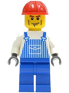 LEGO onderdeel Overalls Striped Blue with Pocket, Blue Legs, Red Construction Helmet, Cheek Lines, Dark Bluish Gray Hands (ovr031)