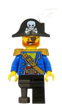 LEGO onderdeel Pirate Captain - Bicorne Hat with Skull and White Plume, Pearl Gold Epaulettes, Blue Open Coat, Black Leg and Pearl Dark Gray Peg Leg pi185