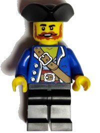 LEGO onderdeel Pirate - Male, Black Tricorne, Dark Orange Beard and Moustache, Blue Open Coat, Medium Nougat Belt, Black Legs pi197