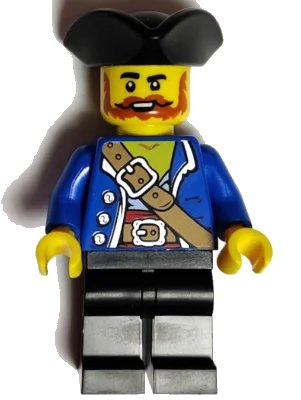 LEGO onderdeel Pirate - Male, Black Tricorne, Dark Orange Beard and Moustache, Blue Open Coat, Medium Nougat Belt, Black Legs (pi197)