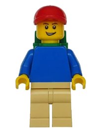 LEGO part Plain Blue Torso with Blue Arms, Tan Legs, Red Short Bill Cap, Backpack pln167
