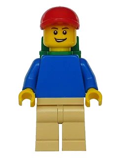 LEGO onderdeel Plain Blue Torso with Blue Arms, Tan Legs, Red Short Bill Cap, Backpack (pln167)