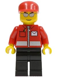 LEGO onderdeel Post Office White Envelope and Stripe, Black Legs, Red Cap, Silver Sunglasses post007