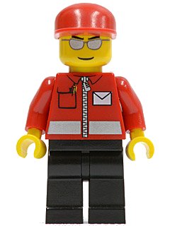 LEGO onderdeel Post Office White Envelope and Stripe, Black Legs, Red Cap, Silver Sunglasses (post007)