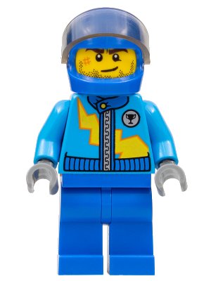 LEGO onderdeel Dark Azure Racing Jacket with Zipper and Yellow Lightning Bolt Pattern, Blue Helmet, Trans-Brown Visor (rac055)