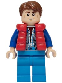 LEGO part Marty McFly - Red Puffer Vest over Sand Blue Jacket, Blue Arms sc138
