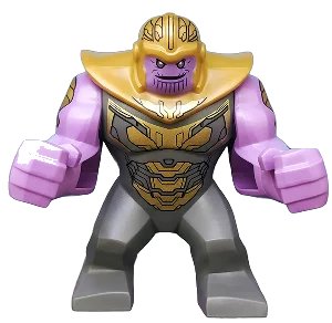 LEGO onderdeel Thanos - Large Figure, Medium Lavender Arms Printed, Dark Bluish Gray Outfit with Gold Armor, Pearl Gold Helmet (sh0576)