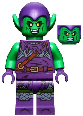 LEGO onderdeel Green Goblin - Bright Green Skin, Dark Purple Outfit, Small Yellow Eyes, Printed Legs (sh0695)
