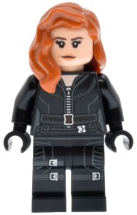 LEGO part Black Widow - Black Jumpsuit, Dark Orange Mid-Length Hair, Printed Legs, Black Hands, Dark Brown Eyebrows sh1012