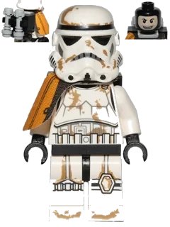 LEGO onderdeel Sandtrooper - Orange Pauldron, Survival Backpack, Dirt Stains, Balaclava Head Print and Helmet with Dotted Mouth Pattern (sw0364)