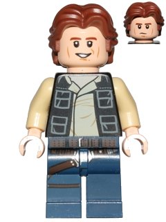 LEGO onderdeel Han Solo, Dark Blue Legs, Vest with Pockets, Wavy Hair (sw0771)